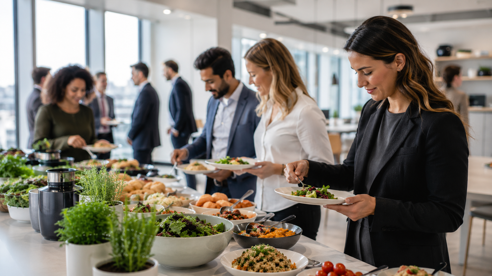 Office team at a generous workplace lunch. Office team at a generous workplace lunch.